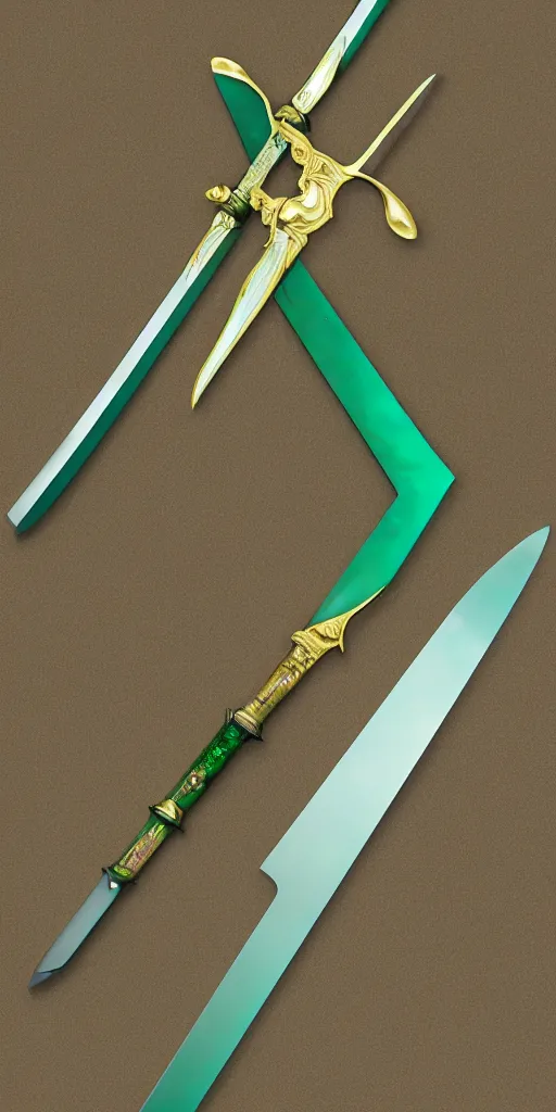 Image similar to photograph of a wide green and teal crystal sword blade attached to a big gold sword hilt