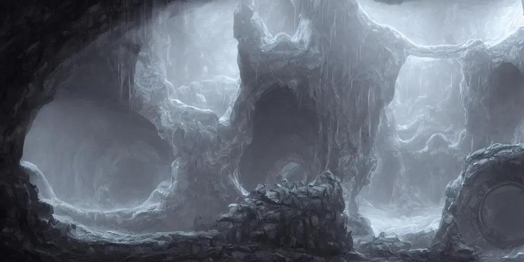 Prompt: a highly detailed matte painting of a stargate portal temple in a cave with stalactites and stalagmites, ominous, foreboding, evil, hd, concept art, artstation, deviantart