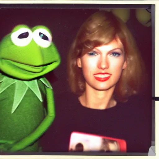 Image similar to found polaroid of my parents who look exactly like Taylor Swift and Kermit the frog