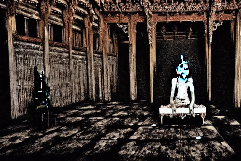 Prompt: vampire queen sitting on a wooden throne in the abandoned buddhist temple, omnious, eerie, magnificent, wow, intricate, analog photo, by nicola samori, by ryoji ikeda