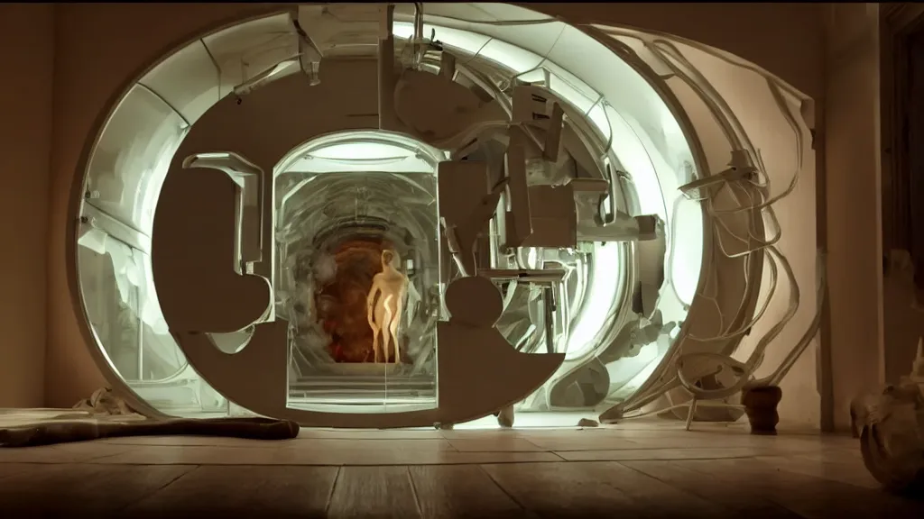 Prompt: an mri image open mri exposed uncovered machine portal in the living room, film still from the movie directed by denis villeneuve with art direction by salvador dali, wide lens
