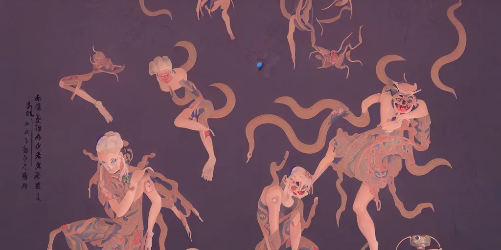 Prompt: breathtaking detailed concept art painting art deco pattern of yokai demons, by hsiao - ron cheng, bizarre compositions, exquisite detail, extremely moody lighting, 8 k