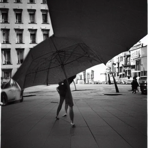 Image similar to A photograph of surrealist street photography in the style of Henri Cartier Bresson, shallow depth of field, wide-angle lens, portra 400