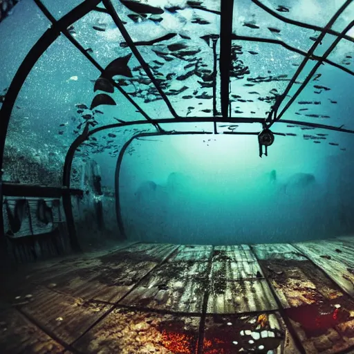 Prompt: abandoned rusty underwater theme park, surreal, horror, eerie, creepy, murky water, underwater, underwater photography, dark, submechanophobia, open ocean, fish swimming in distance, night,