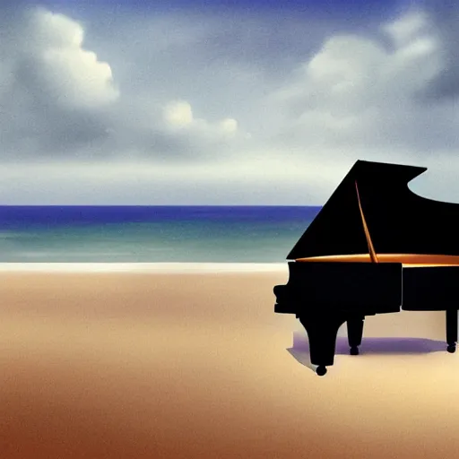 Prompt: a black grand piano on a beach by the waves, lonely, moody, atmospheric, illustration, painting, artstation award, gray flat clouds, misty waves