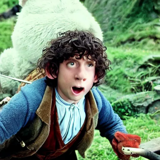 Image similar to a british lad as Bartook a teen hobbit with short curly dark brown hair wearing a blue vest with a white sash standing next to a giant rabbit, high resolution film still, movie by Peter Jackson