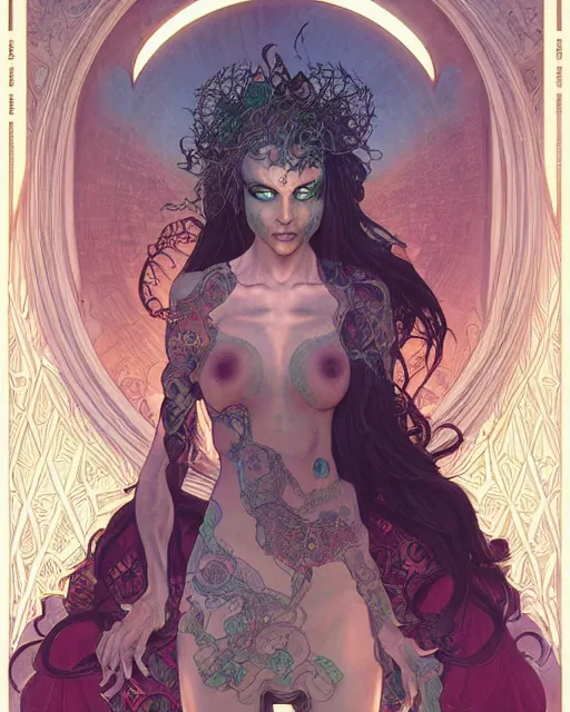 Image similar to centered portrait of a angry rotten beautiful female growing ornamentation all around, ornate, ornaments, detailed, symmetrical, end of the world, elegant, beautifully soft lit, by wayne barlowe, peter mohrbacher, kelly mckernan, alphonse mucha