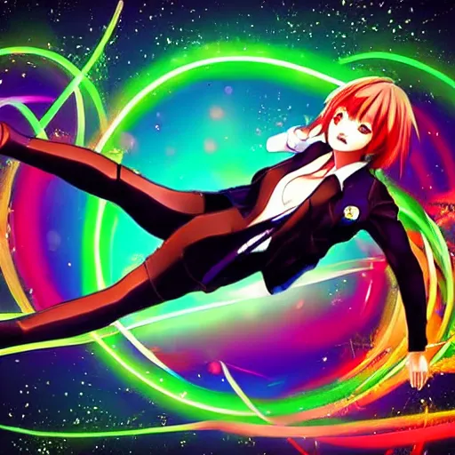 Prompt: high detailed, art by Naoyuko Kato: (subject = anime girl + subject detail=throwing a high kick in the air, futuristic, high detailed) + (background= bright color splashes and lazer lights in a dark background)