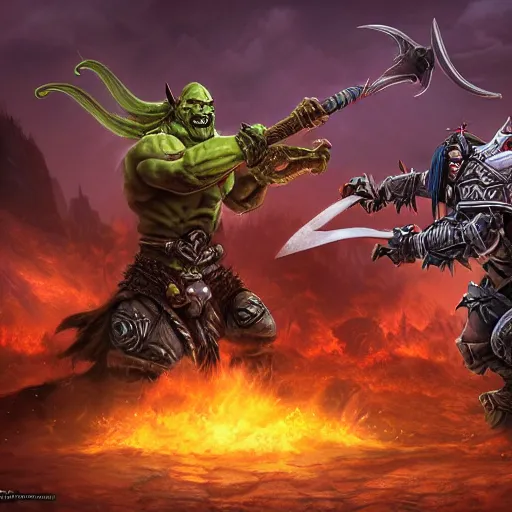 Image similar to world of warcraft warrior orc battling a human rogue, digital render, by syama pedersen, high definition 3 d artwork depicting a fight