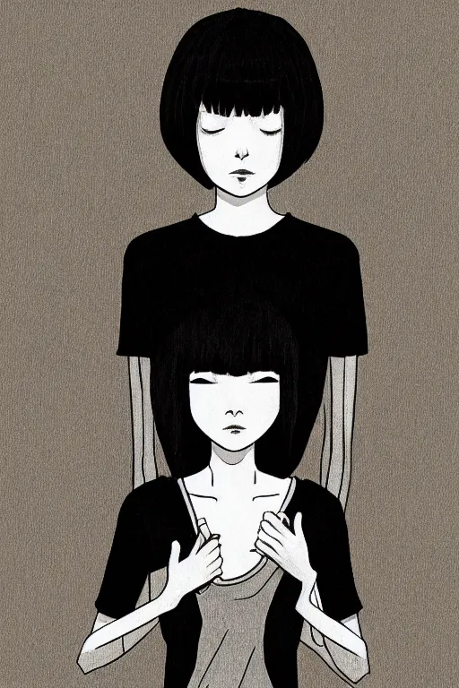 Image similar to portrait of a girl in long pants and a top, hands in pockets, eyes closed, bob haircut, digital art, black and white, illustration by junji ito