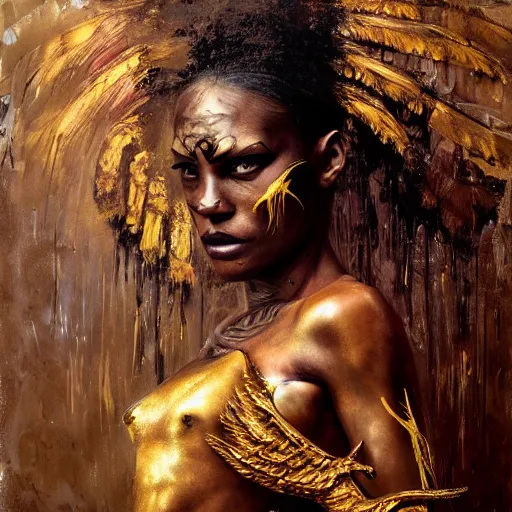 Image similar to portrait of the god of death, eyes made of gold, beautiful female face, angelic, black woman, golden eyes, dark, blood, by jeremy mann, by lucian freud, oil painting, god rays, female warrior, warrior face painting red, wings, gothic, holding a weapon, intricate, highly detailed, trending on artstation, award winning, cinematic