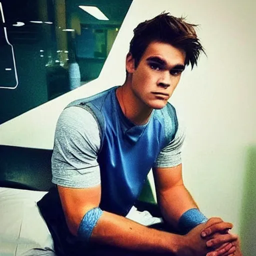 Prompt: “a realistic photo of a guy who is an attractive baseball player man who is part cyborg and part humanoid, who is a robot, KJ Apa”