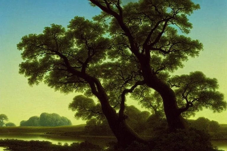 Prompt: painting of a old tree next to a meandering river by martin johnson heade