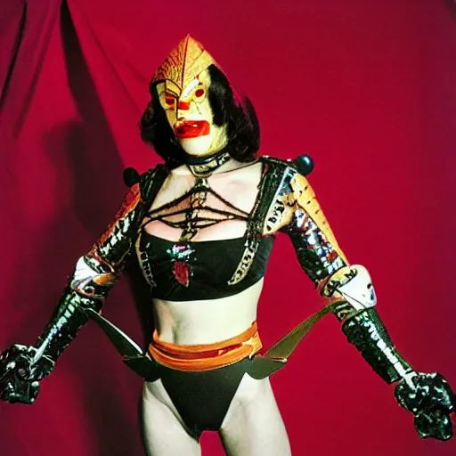 Image similar to klingon with telescopic limbs dressed in glam clothing, photo by cindy sherman