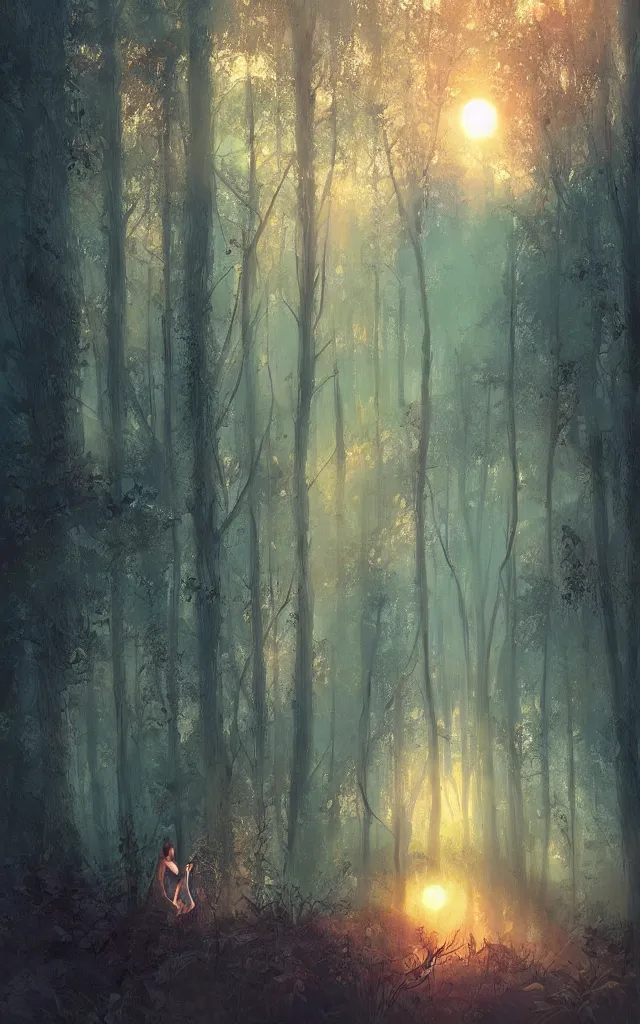 Image similar to sunset in the forest, by charlie bowater