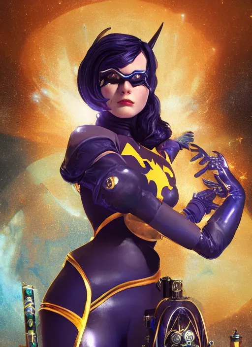 Image similar to cosmic divine bioshock batgirl portrait, hyper detailed, digital art, trending in artstation, cinematic lighting, studio quality, smooth render, unreal engine 5 rendered, octane rendered, art style by klimt and nixeu and ian sprigger and wlop and krenz cushart.