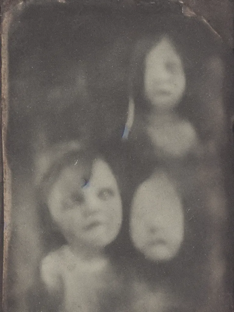 Prompt: found tintype photograph. a ghost's face in a tudor house window