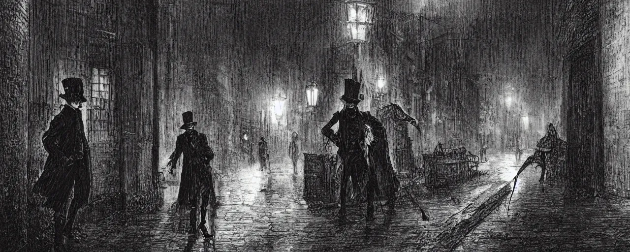 Prompt: Jack the ripper lurking at an innocent victim, 18th century London, streets, horror theme, detailed, elegant, intricate, cinematic lightning