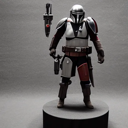 Prompt: a resin 3 d printed model of the mandalorian displayed on a table, photo realistic, professional photography, focus, sharp lens, very detailed