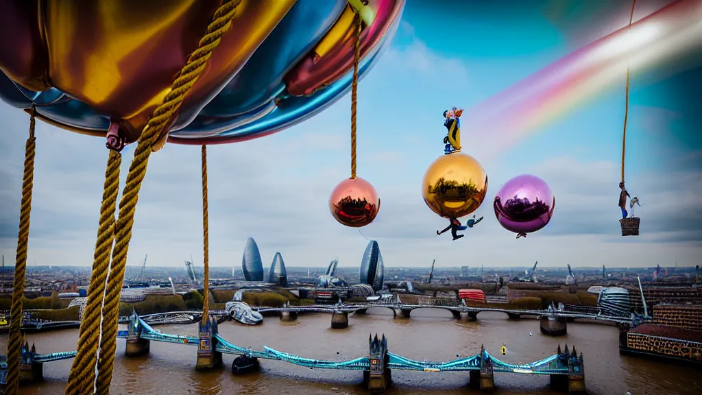 Image similar to large colorful futuristic space age metallic steampunk balloons with pipework and electrical wiring around the outside, and people on rope swings underneath, flying high over the beautiful london city landscape, professional photography, 8 0 mm telephoto lens, realistic, detailed, photorealistic, photojournalism