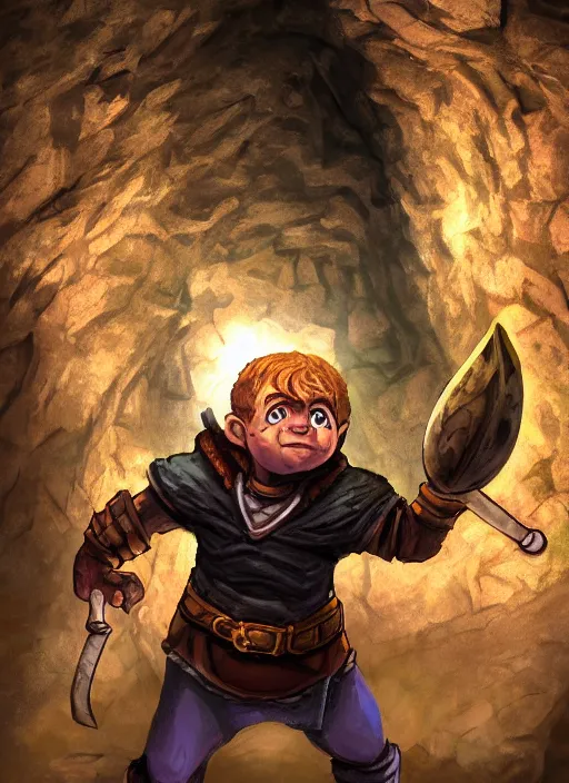 Image similar to A fantasy comic book roleplaying game style portrait painting of a halfling thief sneaking in a cavern, DAZ, hyperrealistic, ambient light, dynamic light