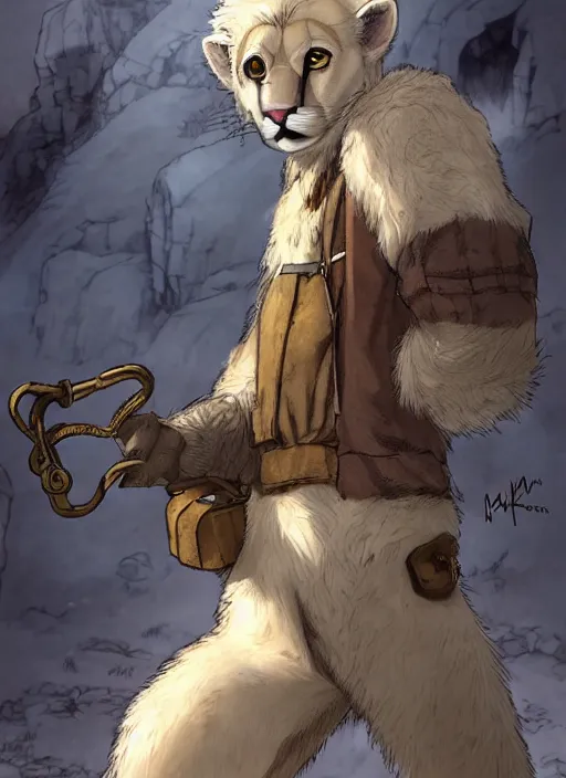 Image similar to character portrait of a anthro!! albino mountain lion wearing miner's clothes at the mines. hidari, color page, tankoban, 4K, tone mapping, Akihiko Yoshida.