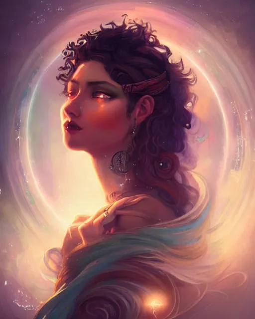 Prompt: Gypsy woman stylized fantasy portrait, halo of light, magical wisps swirling, bokeh, enchanted portrait, depth blur, peter mohrbacher, artgerm