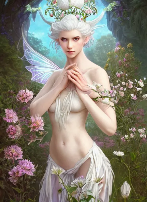 Image similar to highly detailed ilustration of a beautiful white haired woman as a fairy princess in a garden holding a bunch of wild flowers, deep focus, d & d, fantasy, intricate, elegant, highly detailed, digital painting, artstation, concept art, matte, sharp focus, illustration, hearthstone, art by artgerm and greg rutkowski and alphonse mucha