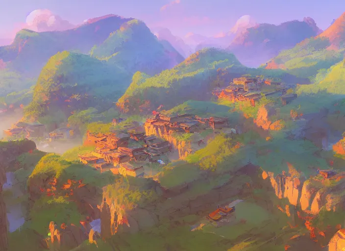 Image similar to concept art painting of a distant valley village from above, early morning, cel shaded, by makoto shinkai and moebius and anton fadeev and james gurney