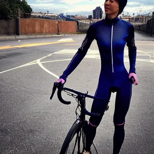 Image similar to athletic woman cyclist wearing skintight dark blue catsuit with a see - through mesh stripe all the way up the left side, from her ankles to her neck, and you can see the color of her skin through the mesh. instagram photo