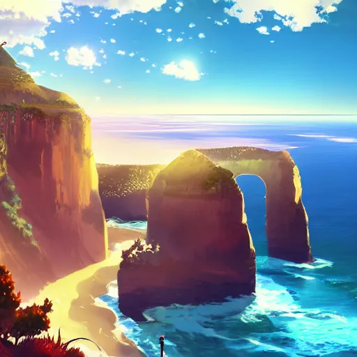 Prompt: a beautiful anime illustration of twelve apostles australia, breathtaking clouds by makoto shinkai, thomas kinkade and beeple, wide angle, high detail, vivid colors, deviantart, cgsociety