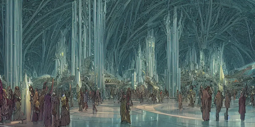 Image similar to matte illustration, cinematic shot of the interior of a scifi space station with ornate elven architecture bustling with people by jean giraud moebius, crystalline, emerald, highly detailed matte illustration by moebius, clean lines, sharp focus, intricate, elegant