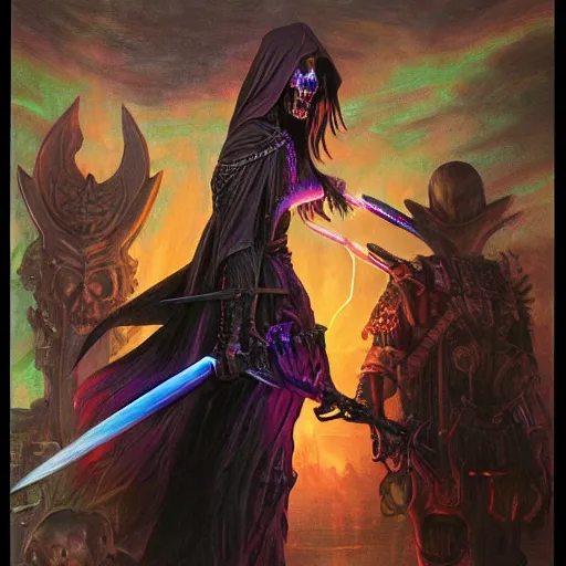 Prompt: concept art painting of beautiful figure the called the moonbow queen in black cloak holding a sword, skulls, a rainbow in the dark, colorful, by Michael Whelan, and Donato Giancola, cyberpunk, artstation, extremely moody lighting, glowing light and shadow, atmospheric, shadowy, cinematic, 8K