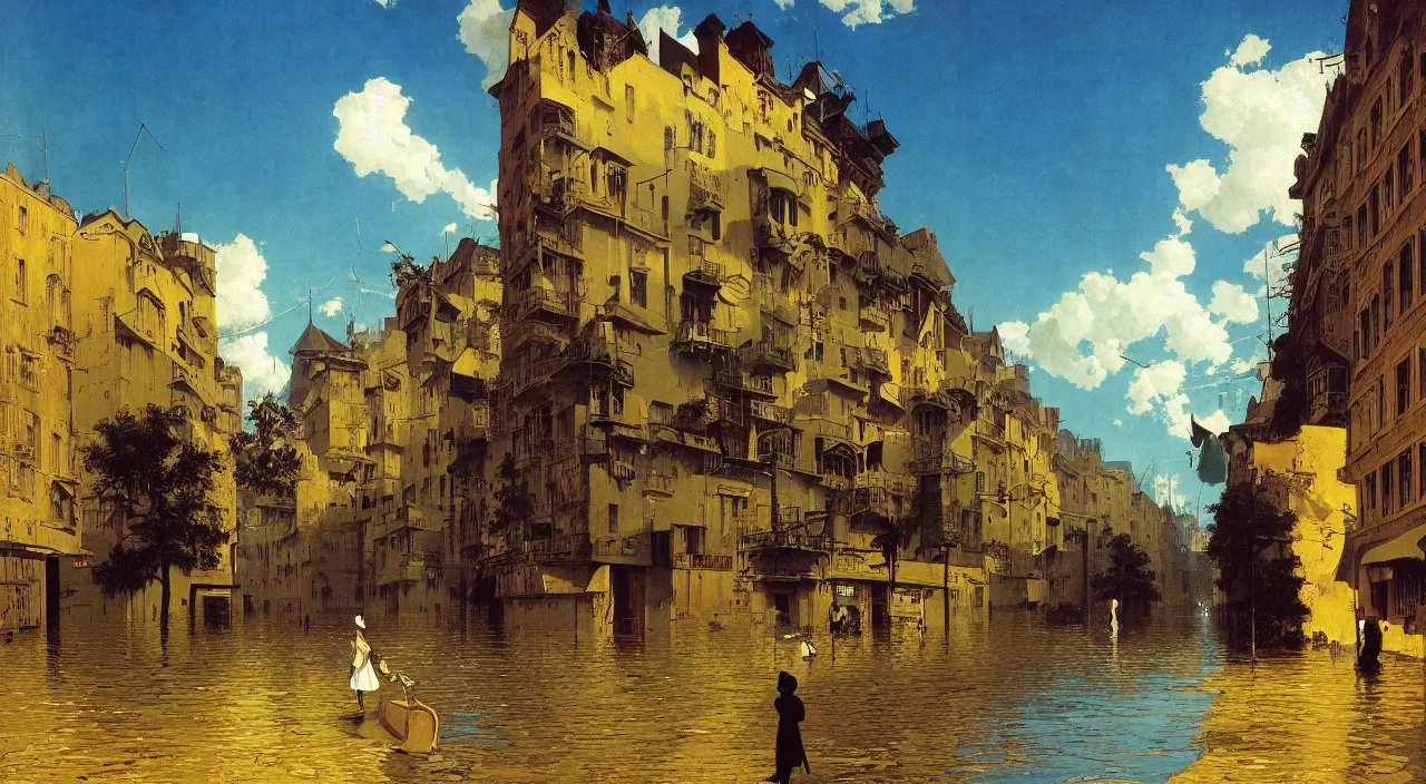 Prompt: flooded empty!! street, very coherent and colorful high contrast!! masterpiece by bruce pennington carl spitzweg rene magritte, full - length view, hard lighting, black shadows, sunny day, minimalist, vivid colors, symmetry, great composition, high detail, cinematic lighting
