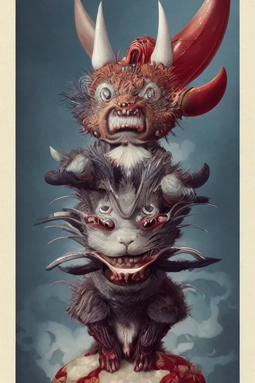 Image similar to a portrait of a cute japanese devil animal illustrated by miyazaki by karol bak, james jean, tom bagshaw, rococo, sharp focus, trending on artstation, cinematic lighting, hyper realism, octane render, 8 k, hyper detailed, vivid, ultra detailed, highly detailed