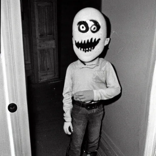 Image similar to realistic photograph of a creepy evil minion, if it were a real person, accidentally caught on camera in a old house, in the 8 0's