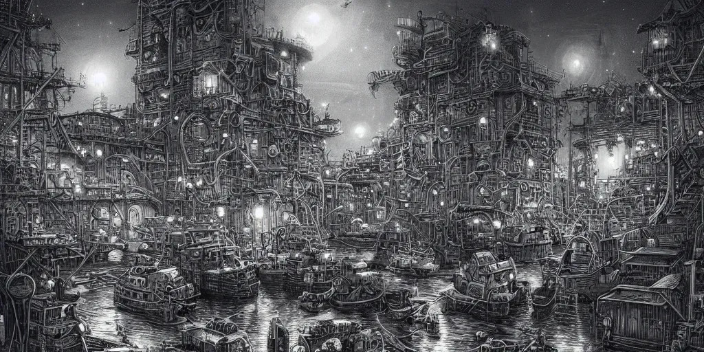 Prompt: Shipping yard at night by Joe Fenton & Raymond Swanland