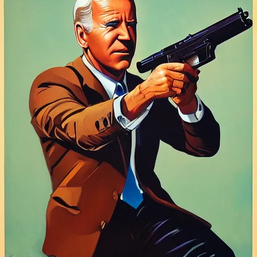 Image similar to propaganda poster of joe biden pointing gun directly at camera in james bond movie, closeup of gun, visible barrel and grip by j. c. leyendecker, bosch, lisa frank, jon mcnaughton, and beksinski