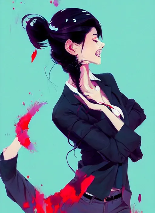 Image similar to a ultradetailed beautiful panting of a stylish woman wearing a shirt with a tie, she has black hair, dancing, by conrad roset, greg rutkowski and makoto shinkai, jesper ejsing, rhads, makoto shinkaitrending on artstation