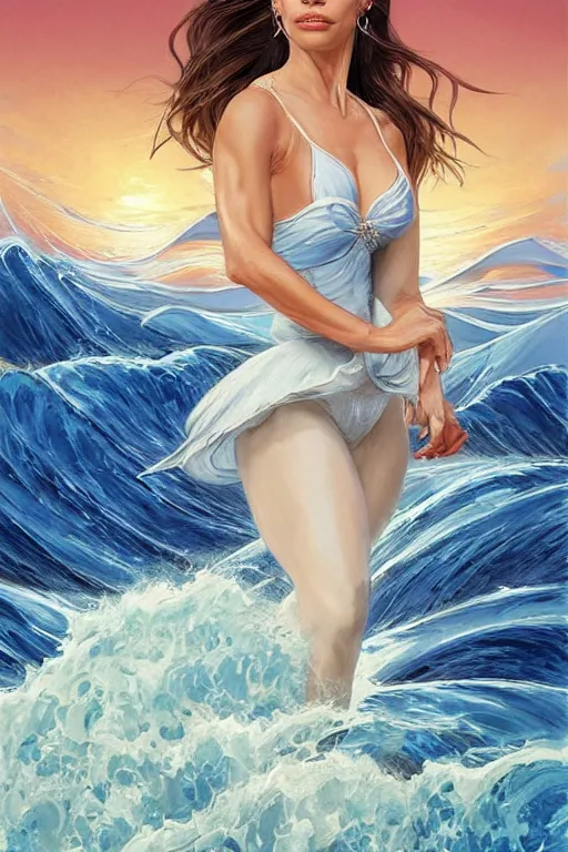 Image similar to a ballet dancing Sofía Vergara as a heroine with a dress inspired by the great wave off kanagawa on the beach at sunrise, digital painting, artstation, concept art, smooth, sharp focus, illustration, in-frame, centered, art by artgerm and donato giancola and Joseph Christian Leyendecker, Ross Tran, WLOP