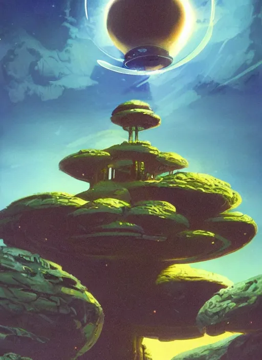 Prompt: spaceship hovering over an alien planet, forest with strange plants, low angle shot, concept art, by chris foss and michael whelan, concept art, digital illustration, trending on artstation, 8 k