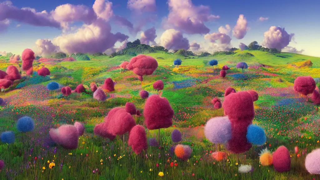 Prompt: first person perspective digital illustration of a field of vibrant wildflowers and tufted cotton candy trees by beeple and dr. seuss:1|colorful rolling hills of beautiful flowers, wide angle panoramic by ILM and Roger Dean, viewed from eye level:0.9|fantasy, cinematic:0.9|Unreal Engine, Octane, finalRender, devfiantArt, artstation, artstation HQ, behance, HD, 16k resolution:0.8