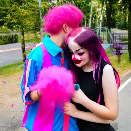 Prompt: teenager with pink hair kissing a clown girl