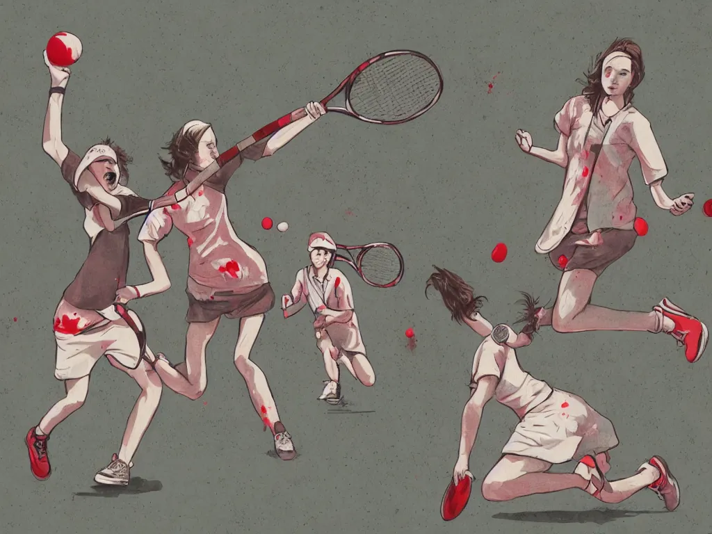 Image similar to young adult women playing tennis with a ball shaped like a rabbit, blood stains on shirt, blood on tennis court, bleeding audience, illustration, traditional drawing style, dramatic mood, textured canvas, pastels, 8 k render octane high definition cgsociety