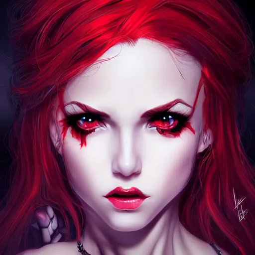 Image similar to princess of darkness, style of rutkowski, artgerm comic, piercing eyes, long glowing red hair, cinematic, highly detailed, award winning