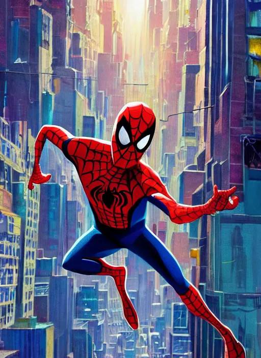 Prompt: spider - man into the spider - verse ( 2 0 1 8 ), anime key visual concept art of, spider woman standing on a balcony in new york city, golden rays, by alberto mielgo, 6 0's french movie poster, french impressionism, vivid colors, palette knife and brush strokes, fish eye lens, anaglyph