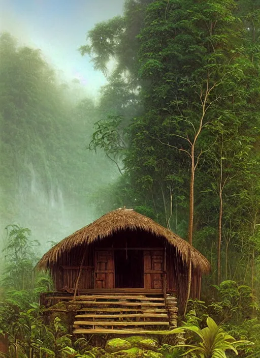 Prompt: a beautiful painting of a small and simple indigenous hut lost deep in the amazon jungle near a river, matte painting, art by christophe vacher