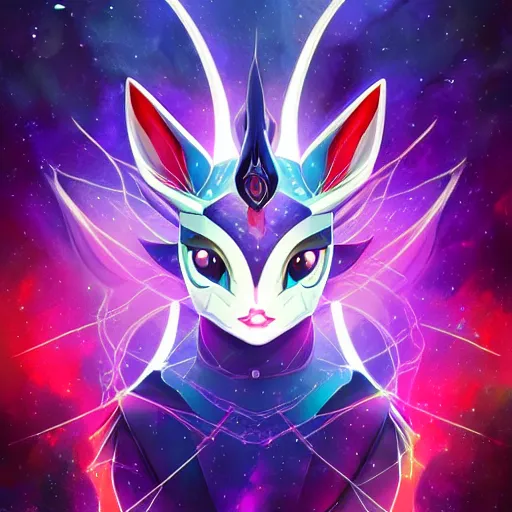 Image similar to geometric symmetrical sylveon with galaxy eyes in space, nebula in the background, intricate, elegant, highly detailed, digital painting, artstation, concept art, smooth, sharp focus, illustration, art by artgerm