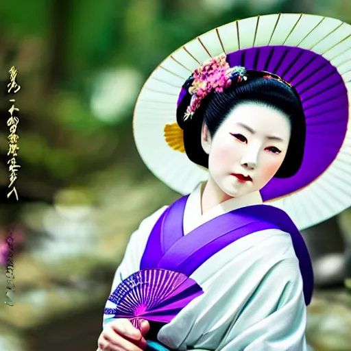 Image similar to Japanese geisha with beautiful violet paper fan, 4k photography, 30 mm lens, cinematic light, warm atmosphere, in style of Kar Wai Wong