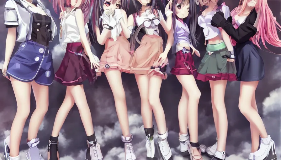 Image similar to group of cute anime characters in very short miniskirts, lightly dressed, ultra detailed digital art, hyper real, detailed, group photo, ultra detailed, ground up angle